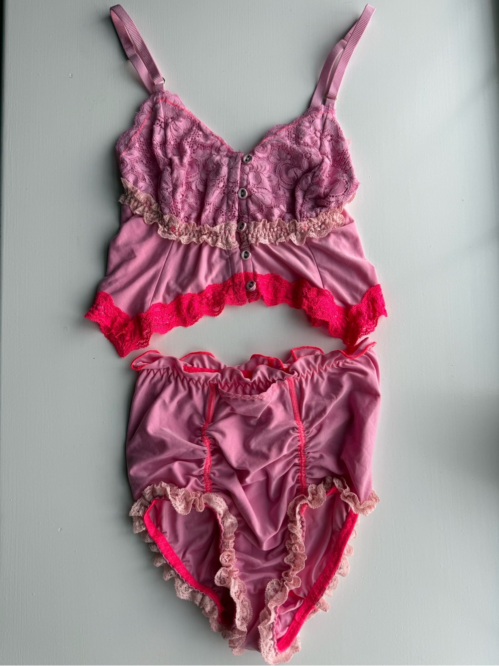 We Are HAH Pink Lace Cami + High Waisted Brief Set